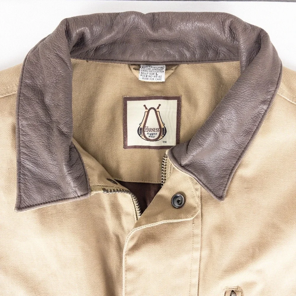 Vintage Field Chore Jacket Men L Tan Leather Collar Shooting Barn Harness Rugged